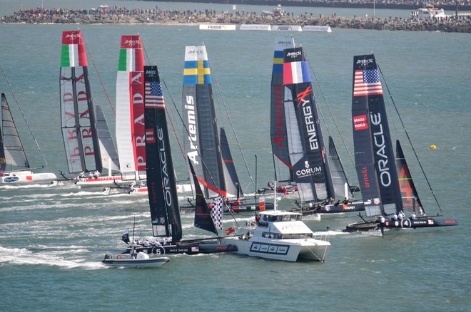 Oracle Racing Coutts - at the windward end of the line hits the Committee Boat - 4 © Christophe Favreau http://christophefavreau.photoshelter.com/